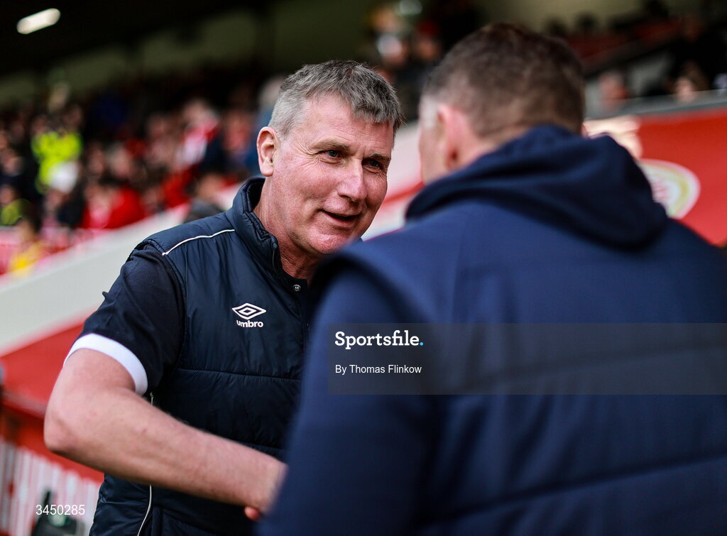 8 May 2026; St Patrick's Athletic manager Stephen Kenny and Waterford manager Graham Coughlan shake hands before the SSE Airtricity Men’s Premier Division match between St Patrick's Athletic and Waterford at Richmond Park in Dublin. Photo by Thomas Flinkow/Sportsfile