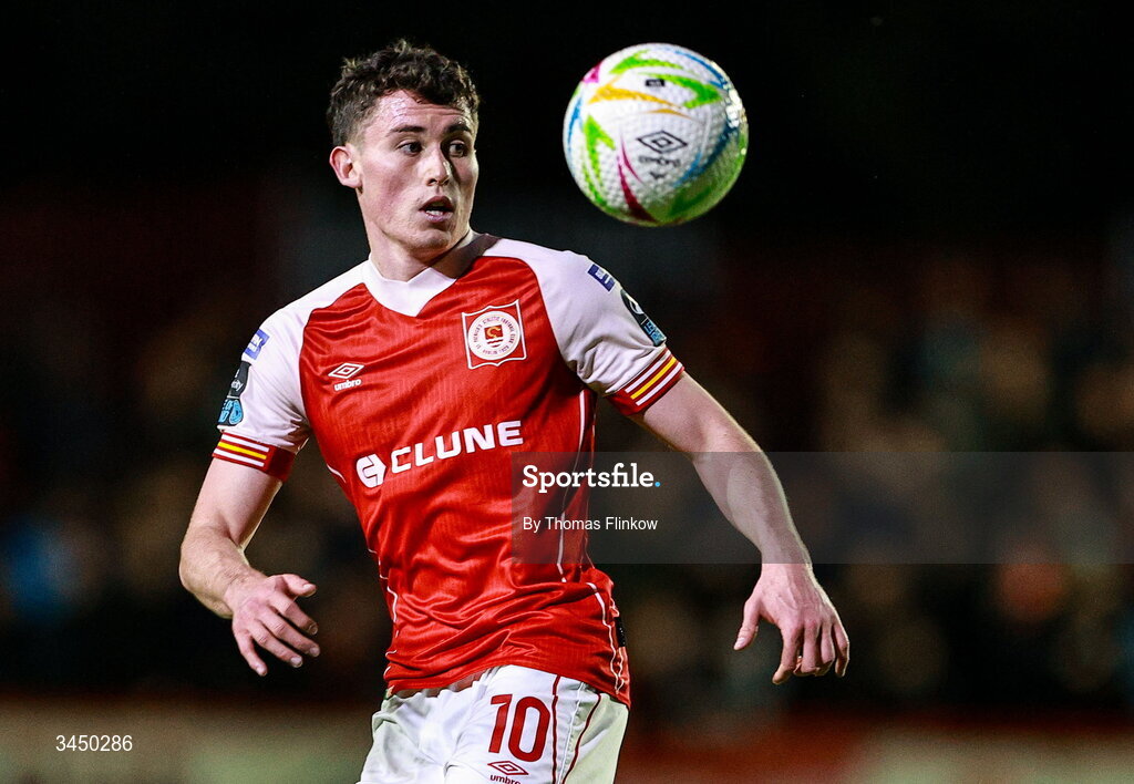 8 May 2026; Kian Leavy of St Patrick's Athletic during the SSE Airtricity Men’s Premier Division match between St Patrick's Athletic and Waterford at Richmond Park in Dublin. Photo by Thomas Flinkow/Sportsfile