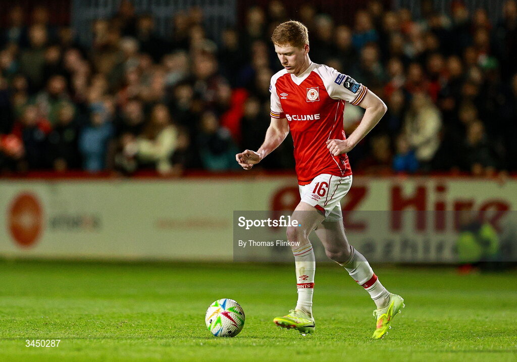 8 May 2026; Darragh Nugent of St Patrick's Athletic during the SSE Airtricity Men’s Premier Division match between St Patrick's Athletic and Waterford at Richmond Park in Dublin. Photo by Thomas Flinkow/Sportsfile