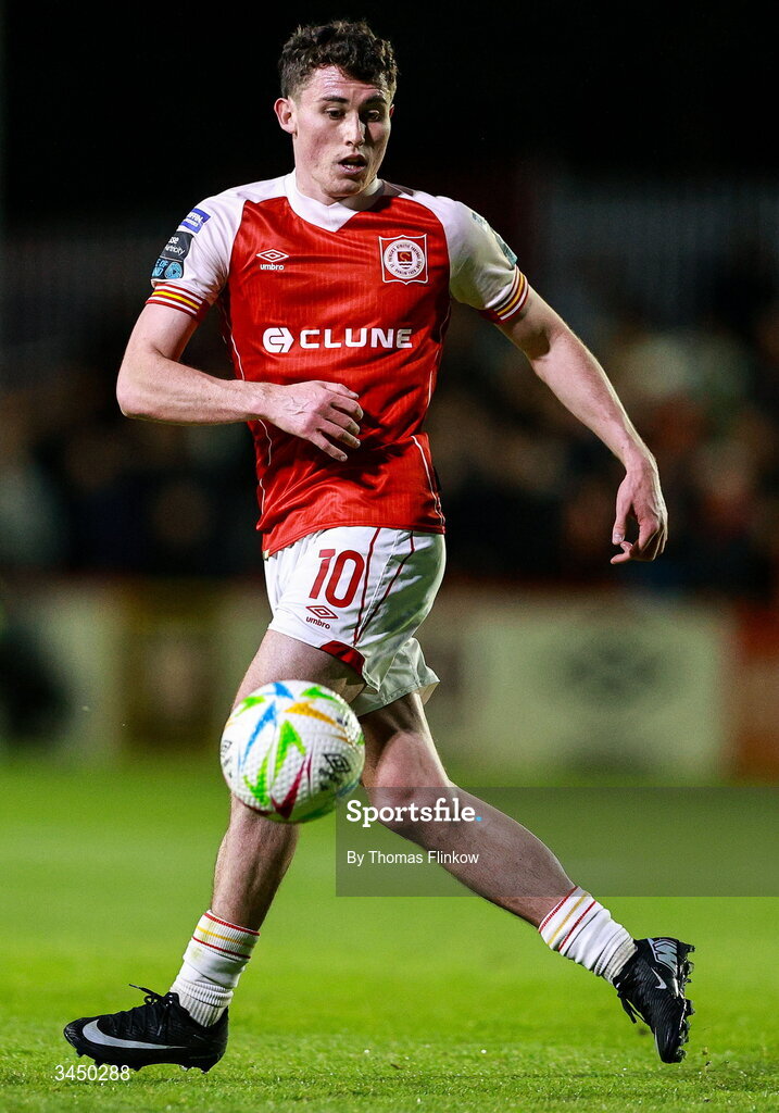 8 May 2026; Kian Leavy of St Patrick's Athletic during the SSE Airtricity Men’s Premier Division match between St Patrick's Athletic and Waterford at Richmond Park in Dublin. Photo by Thomas Flinkow/Sportsfile