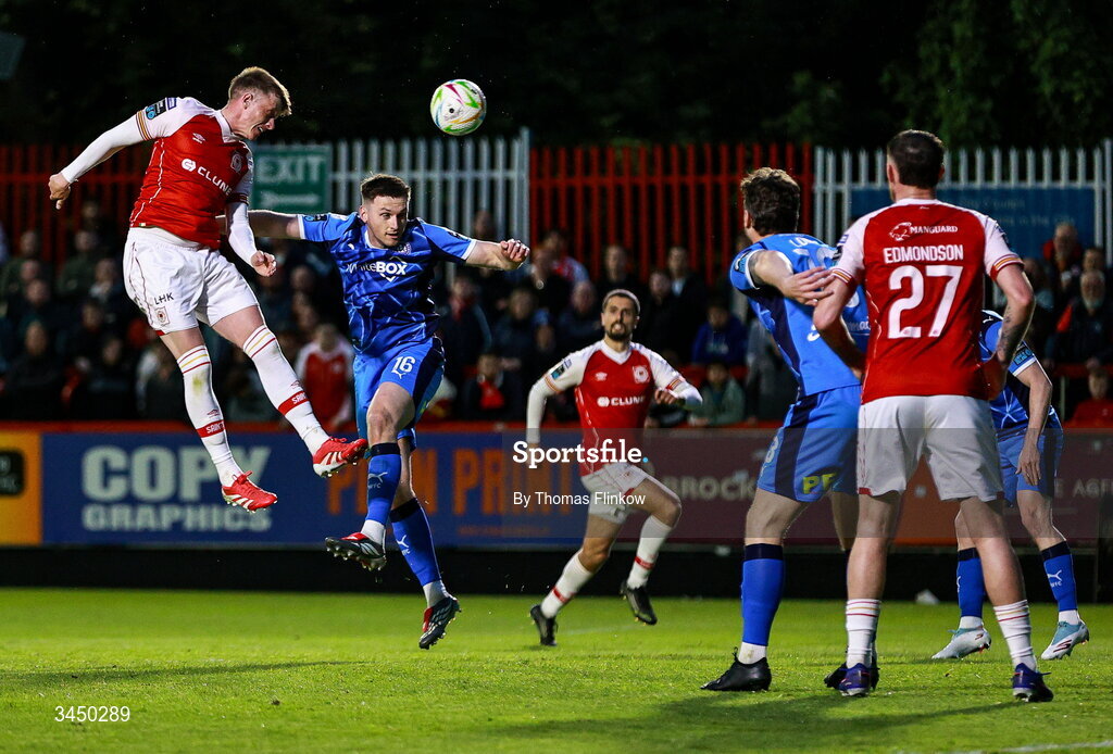 8 May 2026; Chris Forrester of St Patrick's Athletic in action against Hayden Cann of Waterford during the SSE Airtricity Men’s Premier Division match between St Patrick's Athletic and Waterford at Richmond Park in Dublin. Photo by Thomas Flinkow/Sportsfile