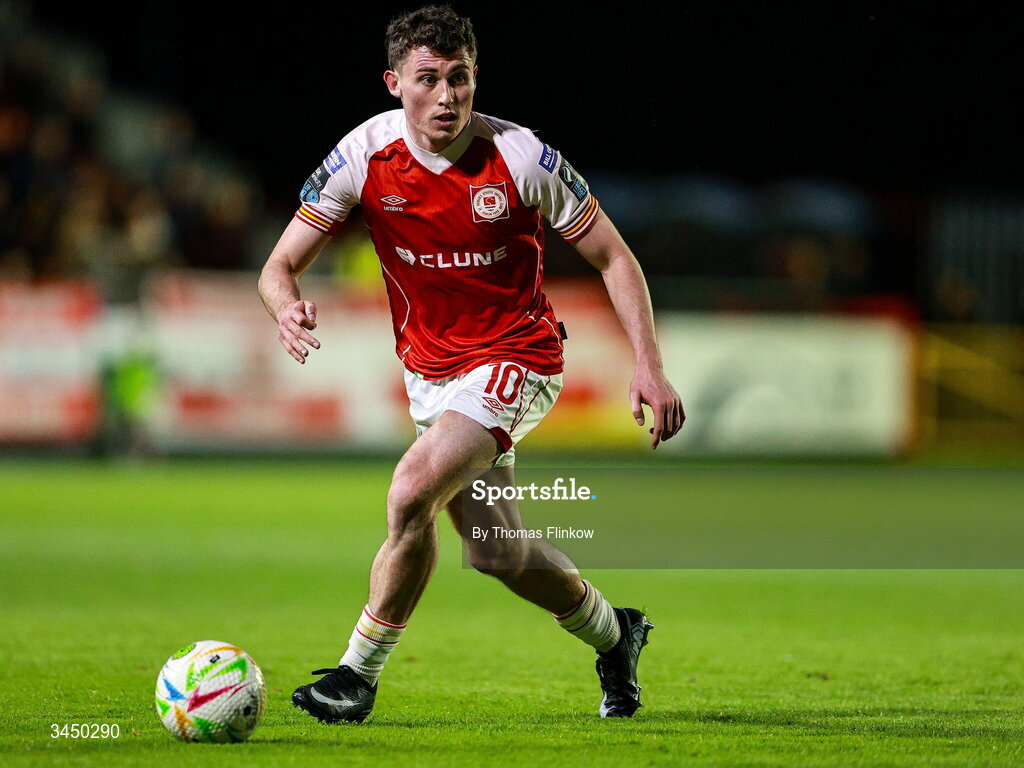 8 May 2026; Kian Leavy of St Patrick's Athletic during the SSE Airtricity Men’s Premier Division match between St Patrick's Athletic and Waterford at Richmond Park in Dublin. Photo by Thomas Flinkow/Sportsfile