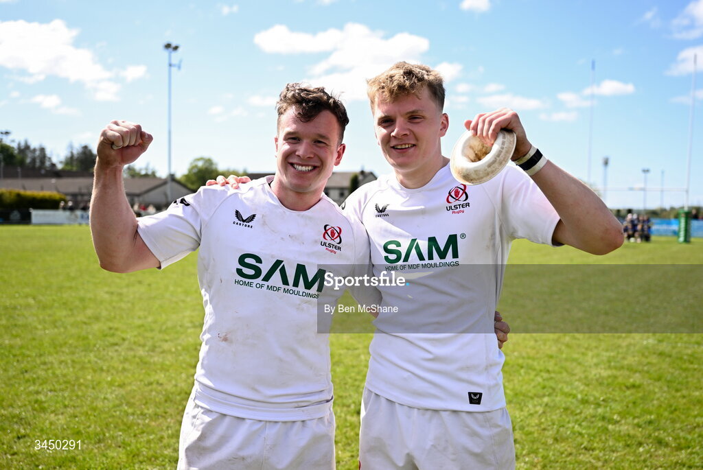 9 May 2026; Dean Dillon, left, and Eddie Keys of Ulster celebrate after the IRFU Men's Junior Interprovincial Round 3 match between Ulster and Leinster at Lisburn RFC in Lisburn, Antrim. Photo by Ben McShane/Sportsfile
