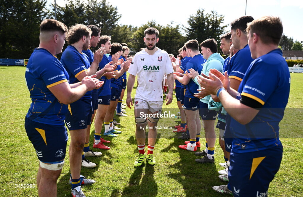 9 May 2026; Ulster captain James Wright leads his side through the guard of honour from Leinster players after the IRFU Men's Junior Interprovincial Round 3 match between Ulster and Leinster at Lisburn RFC in Lisburn, Antrim. Photo by Ben McShane/Sportsfile