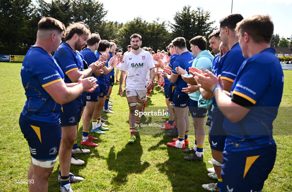 9 May 2026; Ulster captain James Wright leads his side through the guard of honour from Leinster players after the IRFU Men's Junior Interprovincial Round 3 match between Ulster and Leinster at Lisburn RFC in Lisburn, Antrim. Photo by Ben McShane/Sportsfile