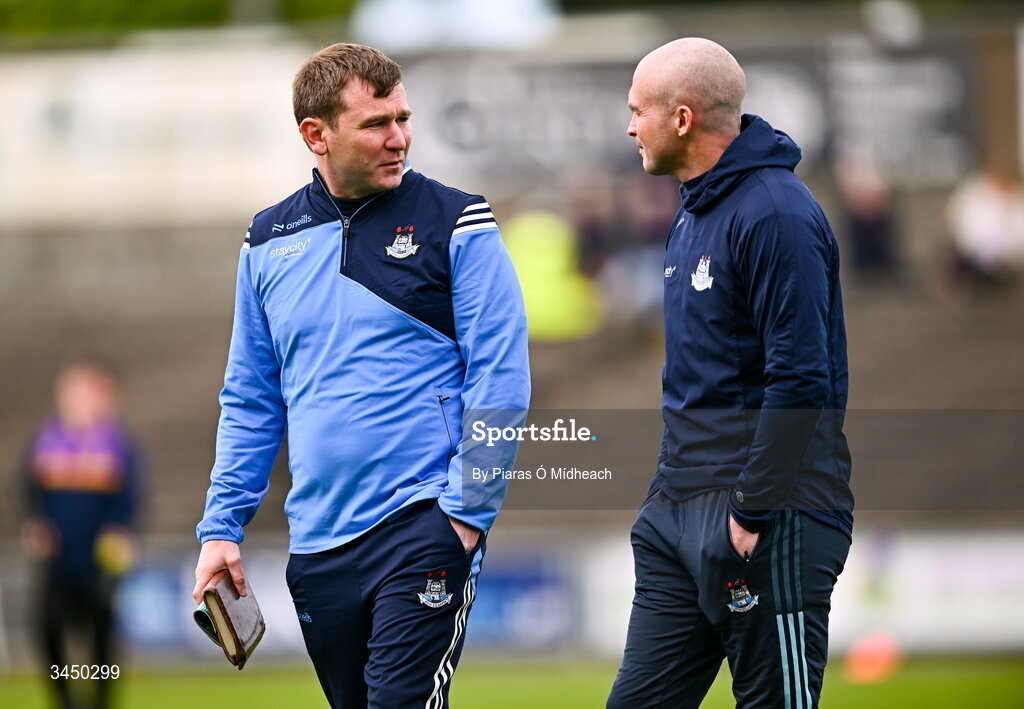 9 May 2026; Dublin manager Niall Ó Ceallacháin, left, and Dublin selector David 'Dotsy' O'Callaghan before the Leinster GAA Senior Hurling Championship round 3 match between Wexford and Dublin at Chadwicks Wexford Park in Wexford. Photo by Piaras Ó Mídheach/Sportsfile