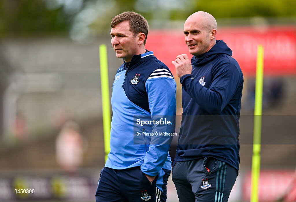 9 May 2026; Dublin manager Niall Ó Ceallacháin, left, and Dublin selector David 'Dotsy' O'Callaghan before the Leinster GAA Senior Hurling Championship round 3 match between Wexford and Dublin at Chadwicks Wexford Park in Wexford. Photo by Piaras Ó Mídheach/Sportsfile