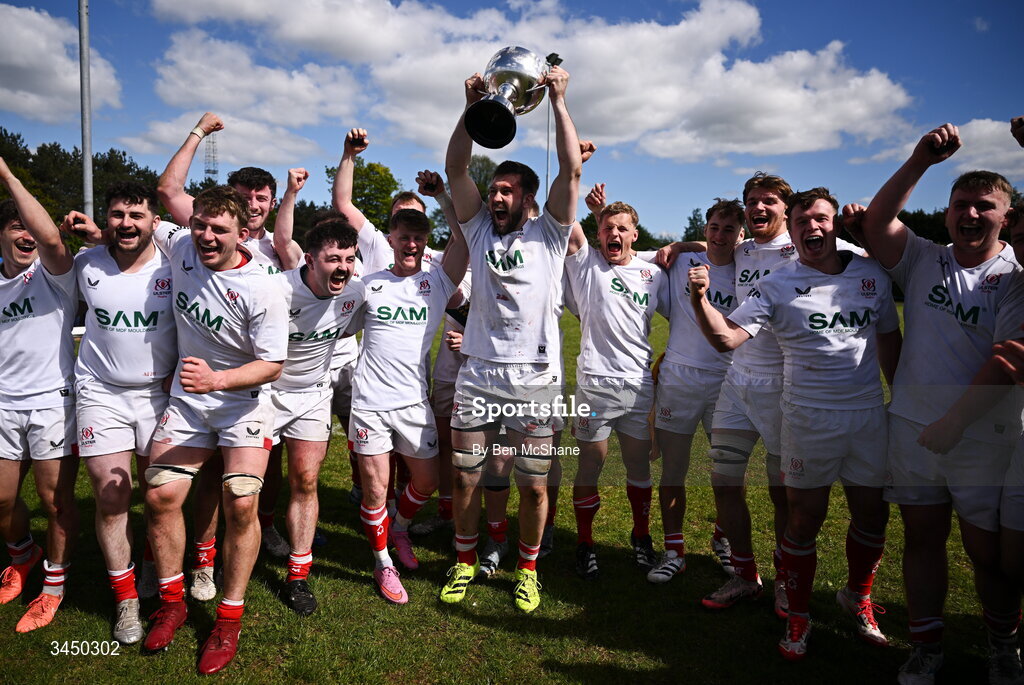 9 May 2026; Ulster captain James Wright lifts the cup after the IRFU Men's Junior Interprovincial Round 3 match between Ulster and Leinster at Lisburn RFC in Lisburn, Antrim. Photo by Ben McShane/Sportsfile
