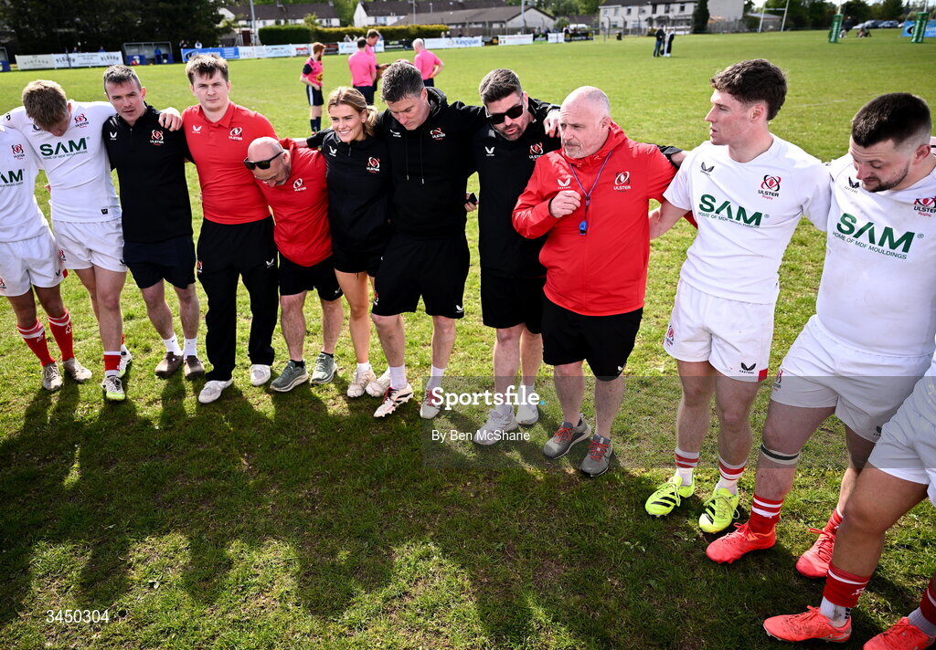 9 May 2026; Ulster head coach Damien Campbell, third from right, speaks to his side after the IRFU Men's Junior Interprovincial Round 3 match between Ulster and Leinster at Lisburn RFC in Lisburn, Antrim. Photo by Ben McShane/Sportsfile