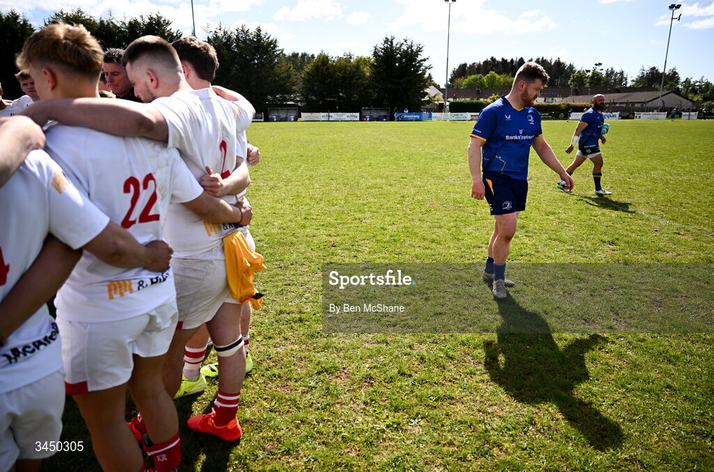 9 May 2026; Graham Reynolds of Leinster leaves the pitch after his side's defeat in the IRFU Men's Junior Interprovincial Round 3 match between Ulster and Leinster at Lisburn RFC in Lisburn, Antrim. Photo by Ben McShane/Sportsfile