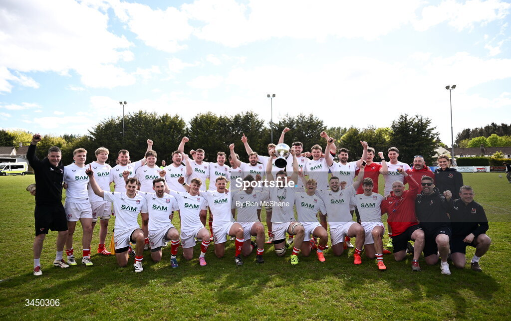 9 May 2026; Ulster players and staff celebrate with the cup after the IRFU Men's Junior Interprovincial Round 3 match between Ulster and Leinster at Lisburn RFC in Lisburn, Antrim. Photo by Ben McShane/Sportsfile