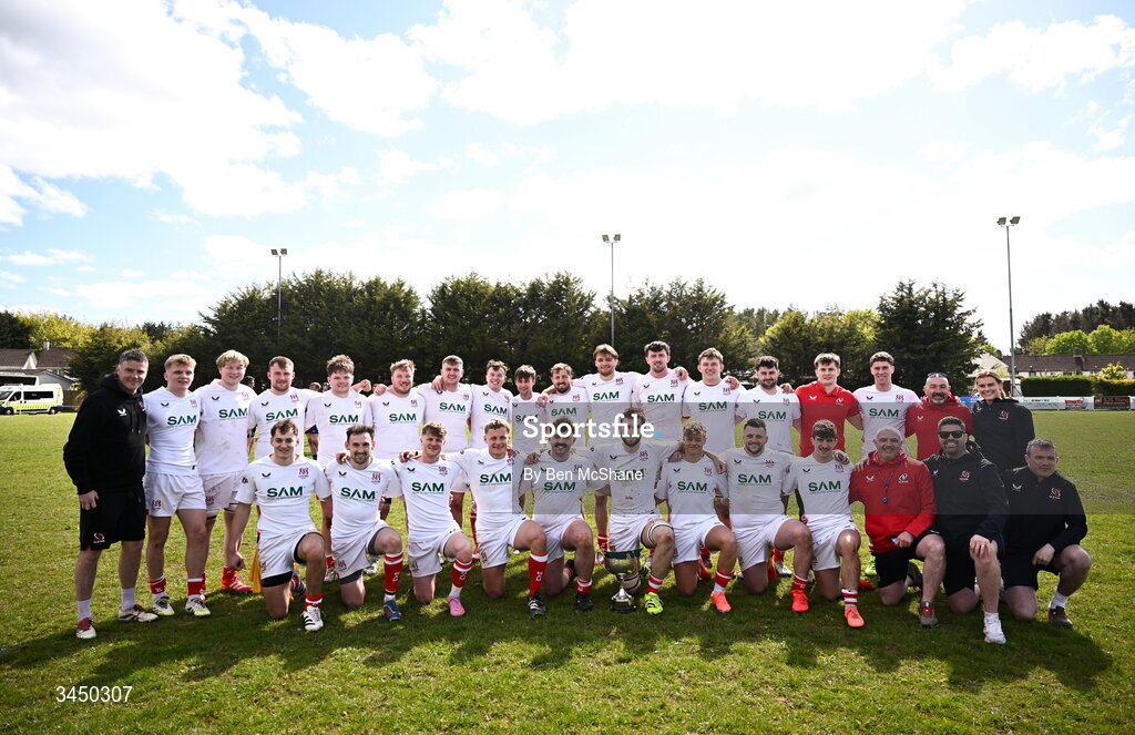 9 May 2026; Ulster players and staff with the cup after the IRFU Men's Junior Interprovincial Round 3 match between Ulster and Leinster at Lisburn RFC in Lisburn, Antrim. Photo by Ben McShane/Sportsfile