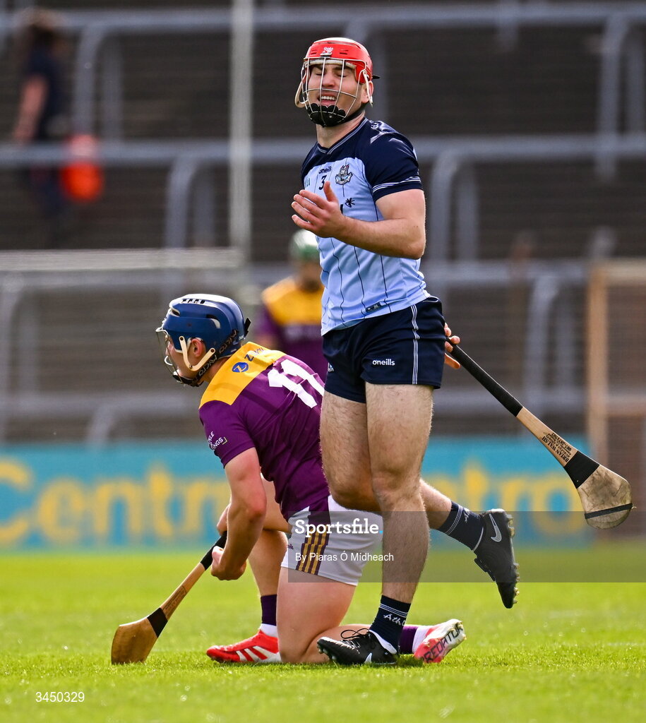 9 May 2026; Paddy Smyth of Dublin reacts after fouling Simon Roche of Wexford during the Leinster GAA Senior Hurling Championship round 3 match between Wexford and Dublin at Chadwicks Wexford Park in Wexford. Photo by Piaras Ó Mídheach/Sportsfile