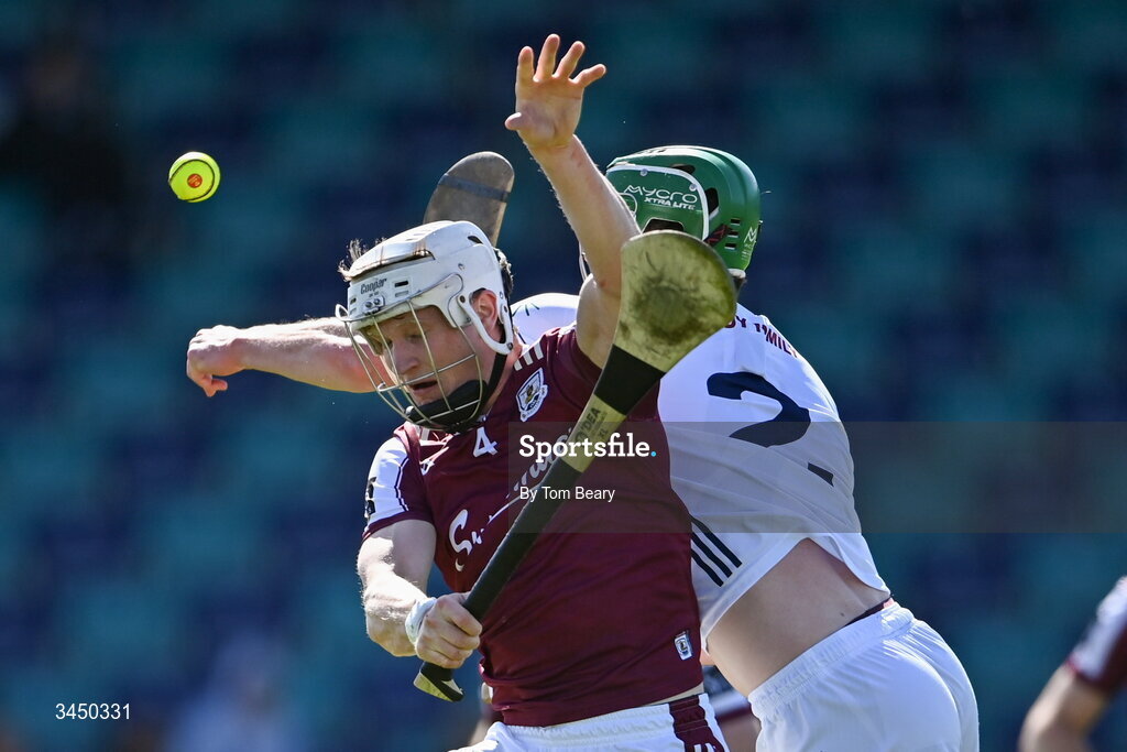 9 May 2026; Darren Morrissey of Galway in action against Liam O'Reilly of Kildare during the Leinster GAA Senior Hurling Championship round 3 match between Kildare and Galway at Cedral St Conleth's Park in Newbridge, Kildare. Photo by Tom Beary/Sportsfile