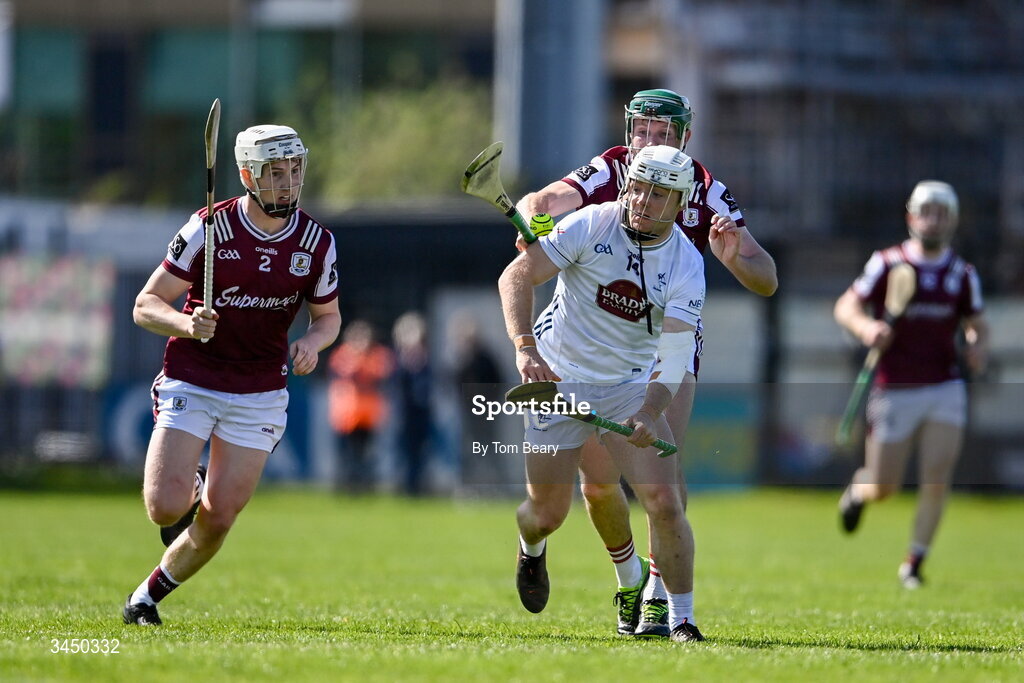 9 May 2026; Muiris Curtin of Kildare is tackled by Cathal Mannion of Galway during the Leinster GAA Senior Hurling Championship round 3 match between Kildare and Galway at Cedral St Conleth's Park in Newbridge, Kildare. Photo by Tom Beary/Sportsfile
