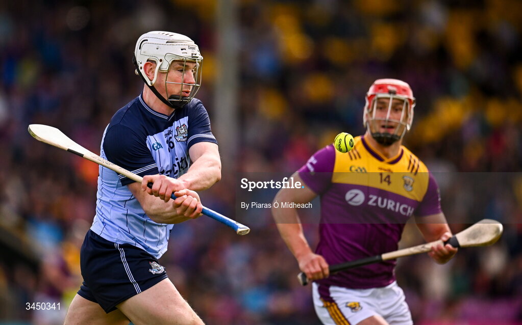 9 May 2026; Liam Rushe of Dublin in action against Lee Chin of Wexford during the Leinster GAA Senior Hurling Championship round 3 match between Wexford and Dublin at Chadwicks Wexford Park in Wexford. Photo by Piaras Ó Mídheach/Sportsfile