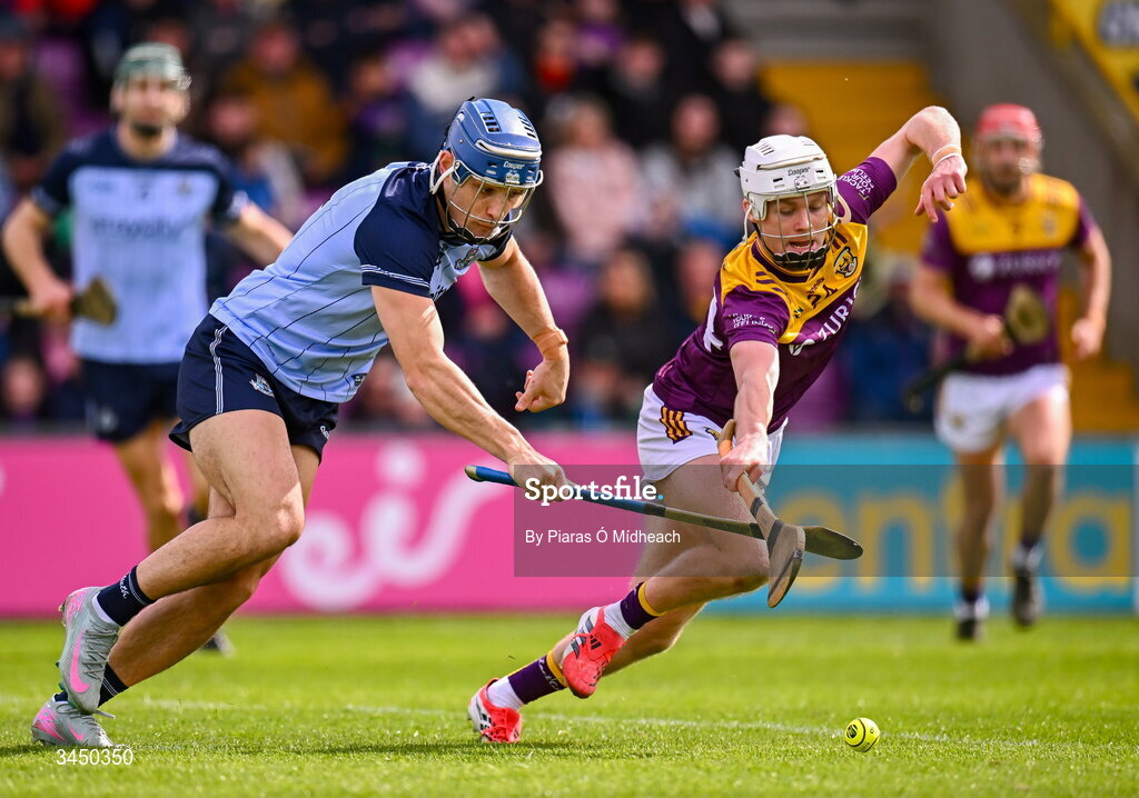 9 May 2026; Cillian Byrne of Wexford in action against Eoghan O'Donnell of Dublin during the Leinster GAA Senior Hurling Championship round 3 match between Wexford and Dublin at Chadwicks Wexford Park in Wexford. Photo by Piaras Ó Mídheach/Sportsfile