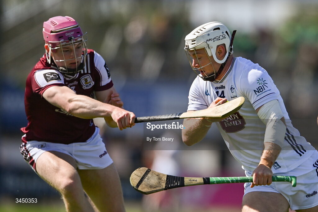 9 May 2026; Muiris Curtin of Kildare is tackled by Cillian Trayers of Galway during the Leinster GAA Senior Hurling Championship round 3 match between Kildare and Galway at Cedral St Conleth's Park in Newbridge, Kildare. Photo by Tom Beary/Sportsfile