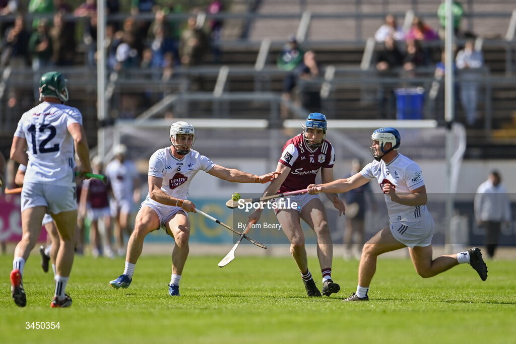9 May 2026; Conor Cooney of Galway in action against Dan O'Meara of Kildare during the Leinster GAA Senior Hurling Championship round 3 match between Kildare and Galway at Cedral St Conleth's Park in Newbridge, Kildare. Photo by Tom Beary/Sportsfile