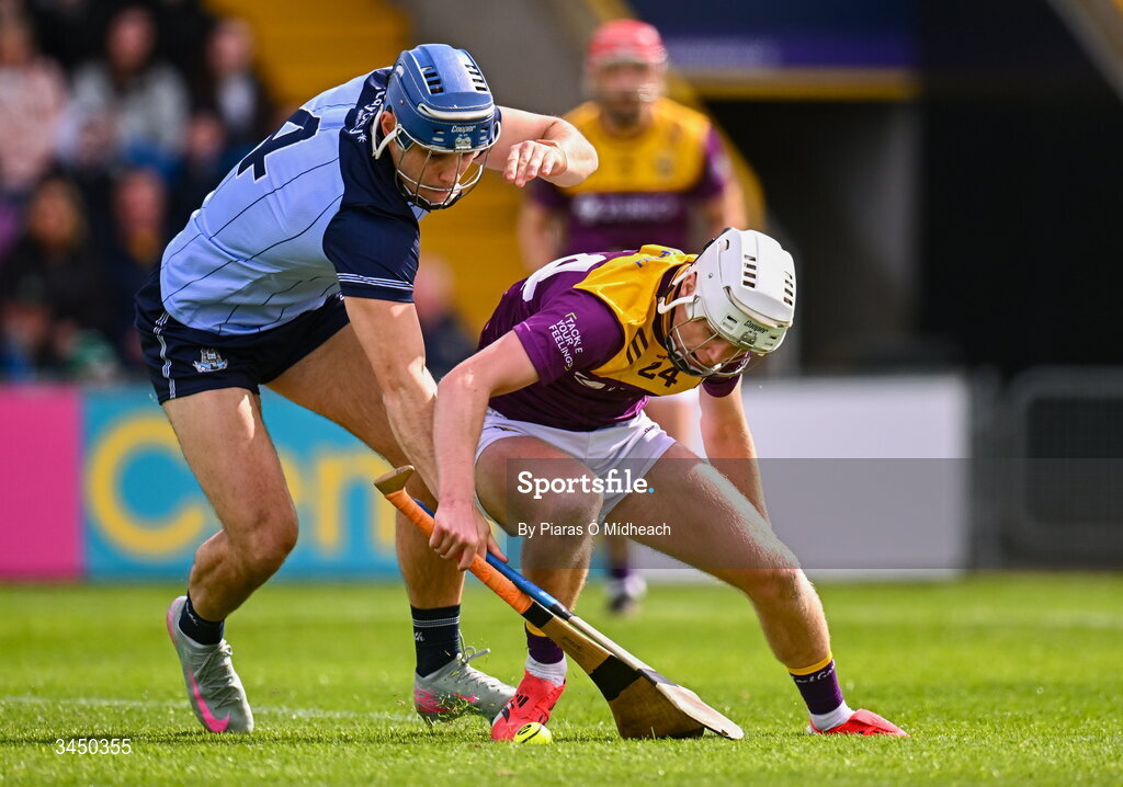 9 May 2026; Cillian Byrne of Wexford in action against Eoghan O'Donnell of Dublin during the Leinster GAA Senior Hurling Championship round 3 match between Wexford and Dublin at Chadwicks Wexford Park in Wexford. Photo by Piaras Ó Mídheach/Sportsfile