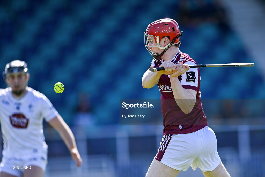 9 May 2026;  Tom Monaghan of Galway shoots to score his side's second goal during the Leinster GAA Senior Hurling Championship round 3 match between Kildare and Galway at Cedral St Conleth's Park in Newbridge, Kildare. Photo by Tom Beary/Sportsfile