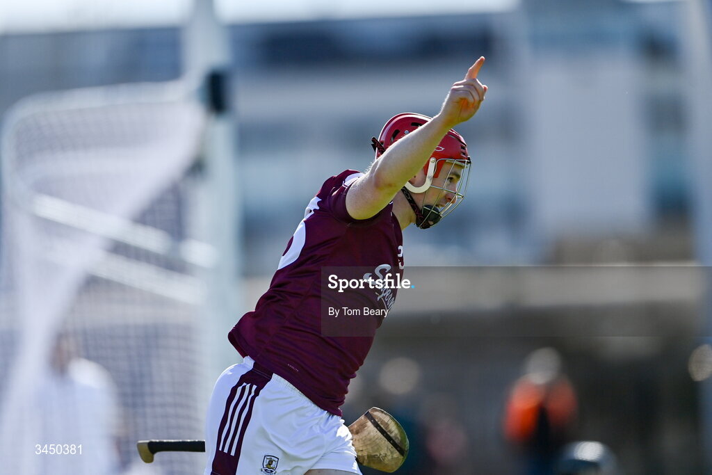 9 May 2026; Tom Monaghan of Galway celebrates after scoring his side's second goal during the Leinster GAA Senior Hurling Championship round 3 match between Kildare and Galway at Cedral St Conleth's Park in Newbridge, Kildare. Photo by Tom Beary/Sportsfile