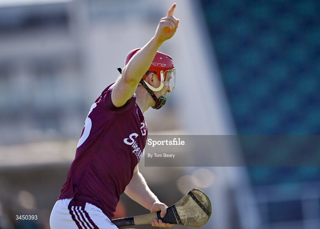 9 May 2026; Tom Monaghan of Galway celebrates after scoring his side's second goal during the Leinster GAA Senior Hurling Championship round 3 match between Kildare and Galway at Cedral St Conleth's Park in Newbridge, Kildare. Photo by Tom Beary/Sportsfile