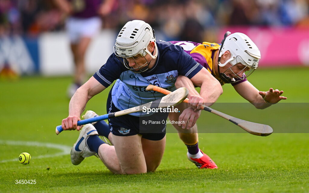 9 May 2026; Liam Rushe of Dublin in action against Cillian Byrne of Wexford during the Leinster GAA Senior Hurling Championship round 3 match between Wexford and Dublin at Chadwicks Wexford Park in Wexford. Photo by Piaras Ó Mídheach/Sportsfile