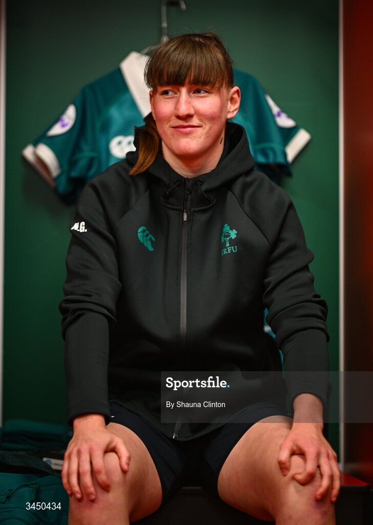 9 May 2026; Niamh Gallagher of Ireland in the dressing room before the Women's 6 Nations Rugby Championship match between Ireland and Wales at Affidea Stadium in Belfast. Photo by Shauna Clinton/Sportsfile