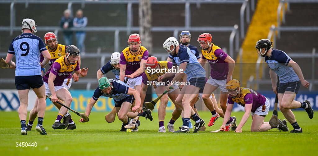 9 May 2026; Fergal Whitely of Dublin and Lee Chin of Wexford contest possession during the Leinster GAA Senior Hurling Championship round 3 match between Wexford and Dublin at Chadwicks Wexford Park in Wexford. Photo by Piaras Ó Mídheach/Sportsfile