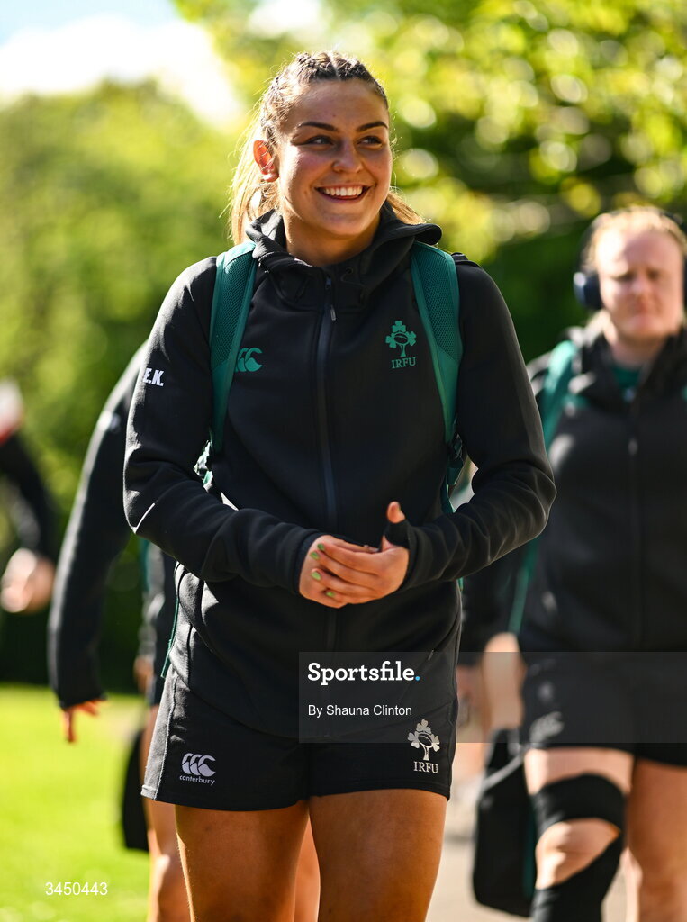 9 May 2026; Erin King of Ireland arrives before the Women's 6 Nations Rugby Championship match between Ireland and Wales at Affidea Stadium in Belfast. Photo by Shauna Clinton/Sportsfile