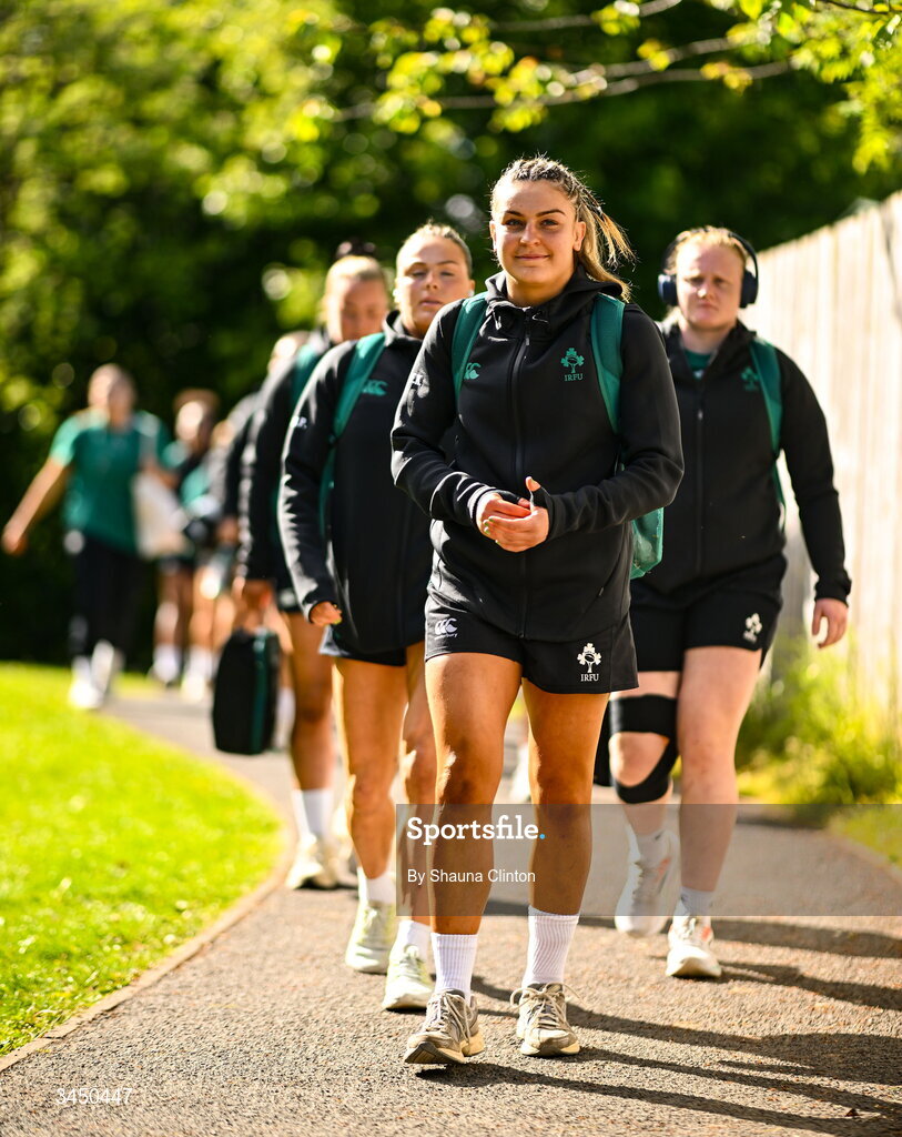 9 May 2026; Erin King of Ireland arrives before the Women's 6 Nations Rugby Championship match between Ireland and Wales at Affidea Stadium in Belfast. Photo by Shauna Clinton/Sportsfile