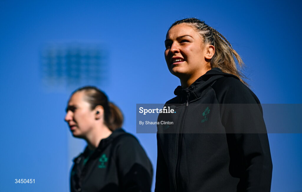 9 May 2026; Erin King, right, and Eve Higgins of Ireland before the Women's 6 Nations Rugby Championship match between Ireland and Wales at Affidea Stadium in Belfast. Photo by Shauna Clinton/Sportsfile