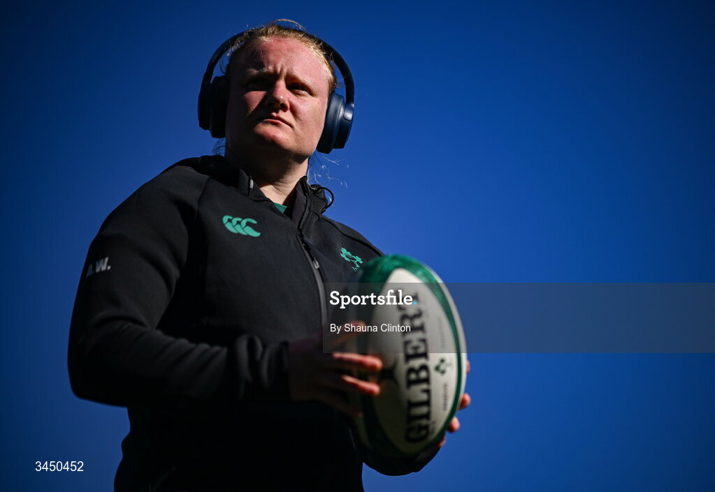 9 May 2026; Aoife Wafer of Ireland inspect the pitch before the Women's 6 Nations Rugby Championship match between Ireland and Wales at Affidea Stadium in Belfast. Photo by Shauna Clinton/Sportsfile