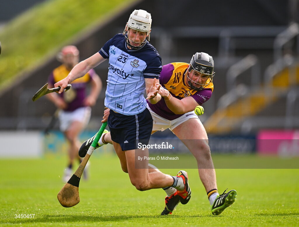 9 May 2026; David Purcell of Dublin in action against Darragh Carley of Wexford during the Leinster GAA Senior Hurling Championship round 3 match between Wexford and Dublin at Chadwicks Wexford Park in Wexford. Photo by Piaras Ó Mídheach/Sportsfile