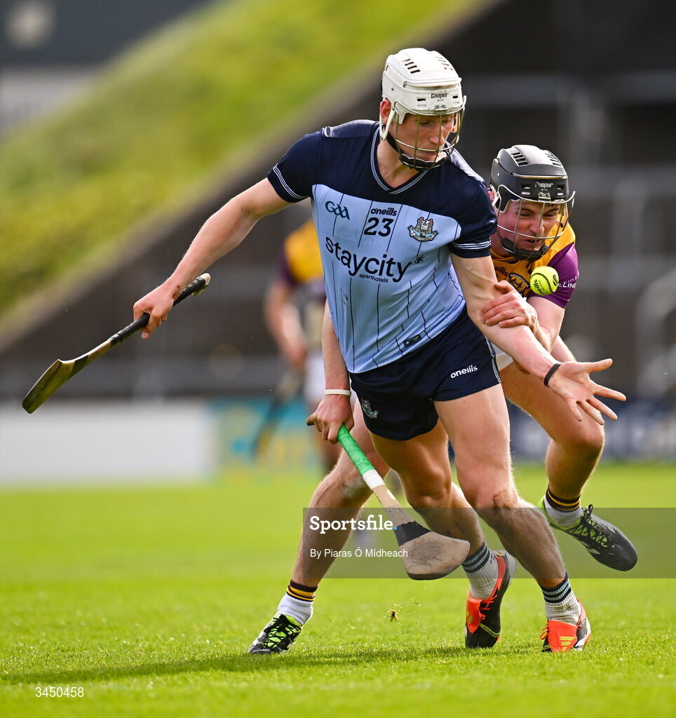9 May 2026; David Purcell of Dublin in action against Darragh Carley of Wexford during the Leinster GAA Senior Hurling Championship round 3 match between Wexford and Dublin at Chadwicks Wexford Park in Wexford. Photo by Piaras Ó Mídheach/Sportsfile