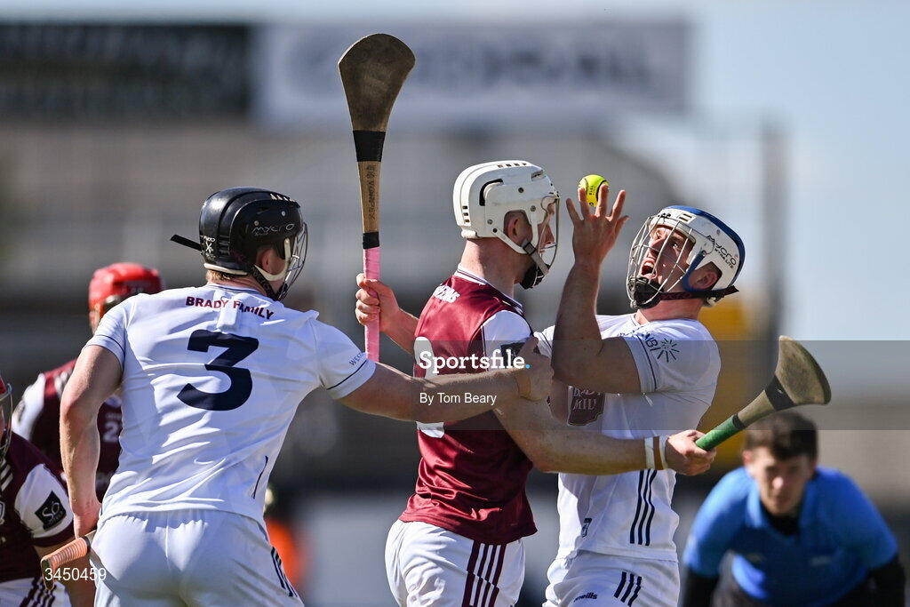 9 May 2026; Dan O'Meara of Kildare is tackled by John Fleming of Galway during the Leinster GAA Senior Hurling Championship round 3 match between Kildare and Galway at Cedral St Conleth's Park in Newbridge, Kildare. Photo by Tom Beary/Sportsfile