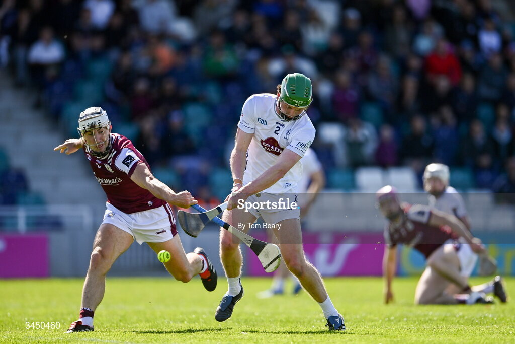 9 May 2026; Liam O'Reilly of Kildare is tackled by Daithí Burke of Galway during the Leinster GAA Senior Hurling Championship round 3 match between Kildare and Galway at Cedral St Conleth's Park in Newbridge, Kildare. Photo by Tom Beary/Sportsfile