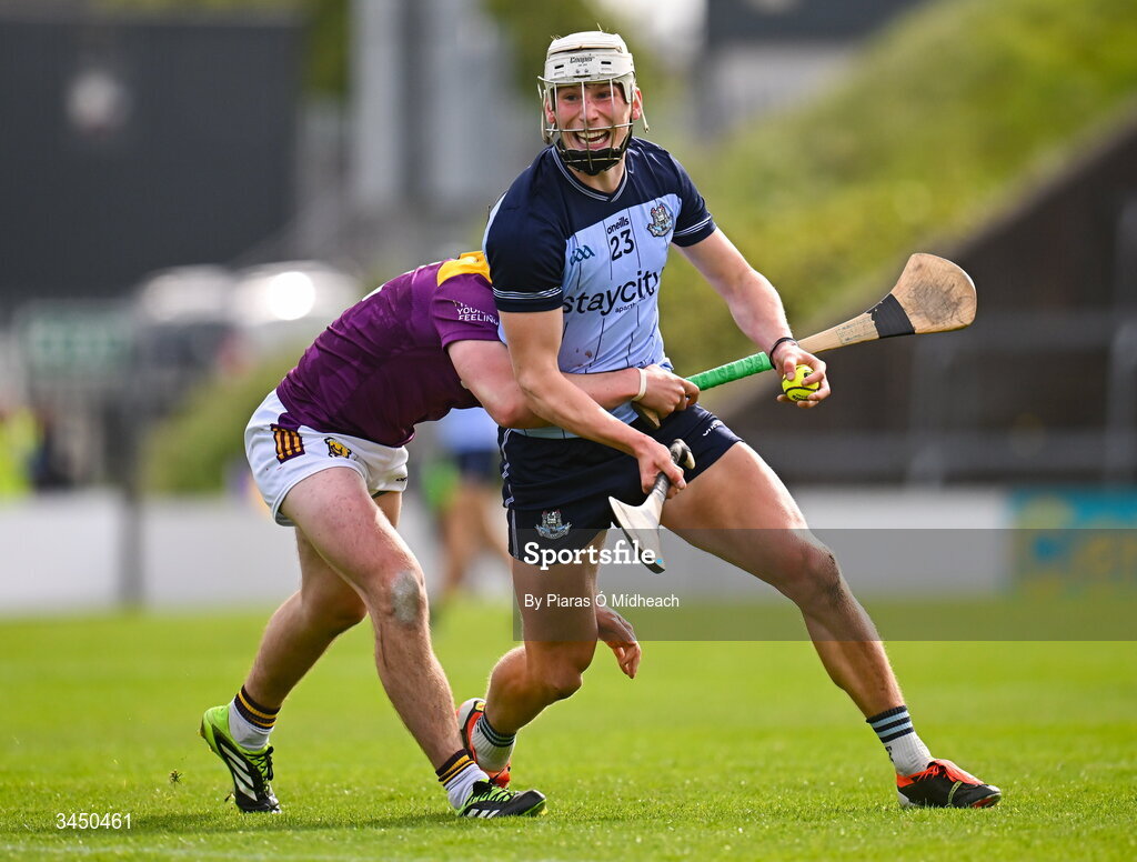 9 May 2026; David Purcell of Dublin in action against Darragh Carley of Wexford during the Leinster GAA Senior Hurling Championship round 3 match between Wexford and Dublin at Chadwicks Wexford Park in Wexford. Photo by Piaras Ó Mídheach/Sportsfile