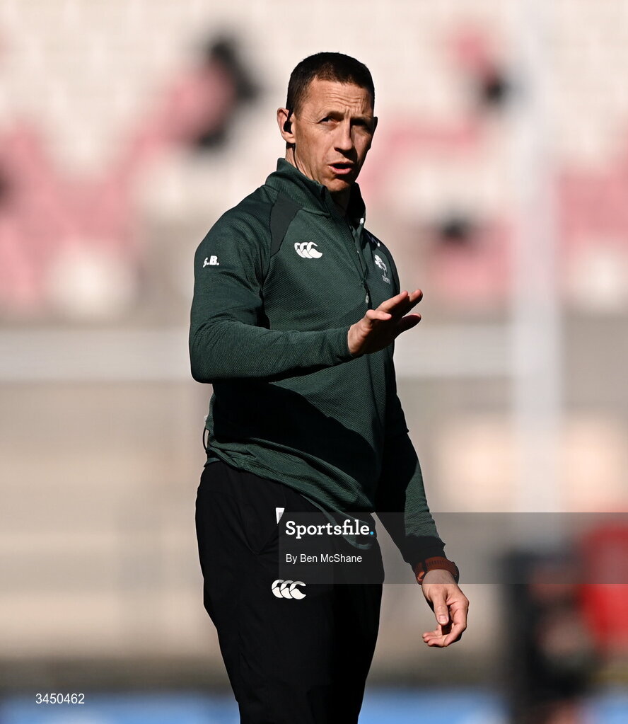 9 May 2026; Ireland head coach Scott Bemand before during the Women's 6 Nations Rugby Championship match between Ireland and Wales at Affidea Stadium in Belfast. Photo by Ben McShane/Sportsfile