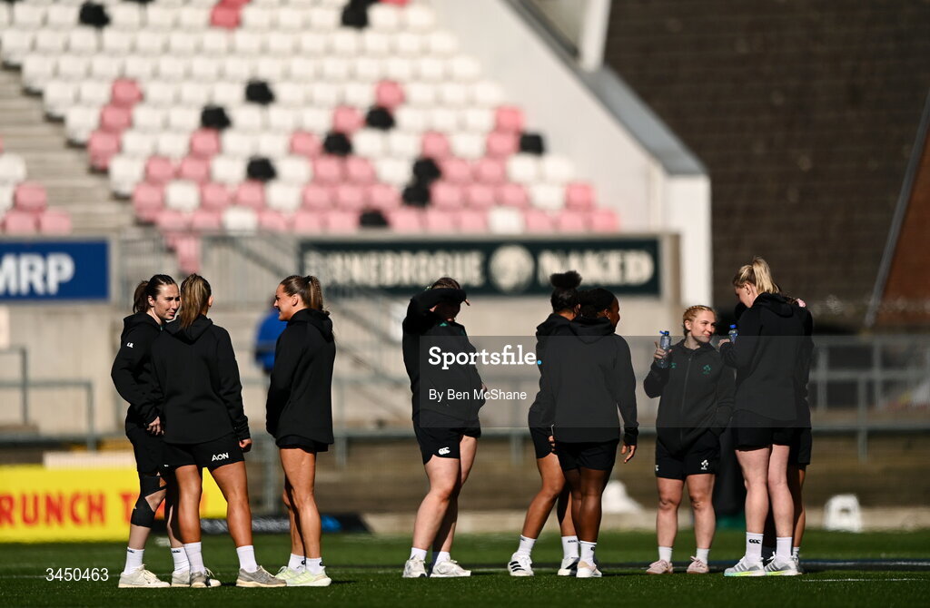 9 May 2026; Ireland players inspect the pitch before the Women's 6 Nations Rugby Championship match between Ireland and Wales at Affidea Stadium in Belfast. Photo by Ben McShane/Sportsfile