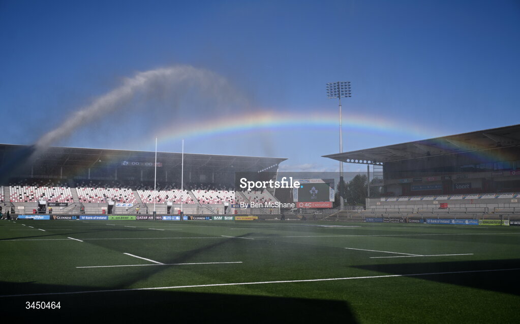 9 May 2026; A rainbow is seen as the sprinklers water the pitch before the Women's 6 Nations Rugby Championship match between Ireland and Wales at Affidea Stadium in Belfast. Photo by Ben McShane/Sportsfile