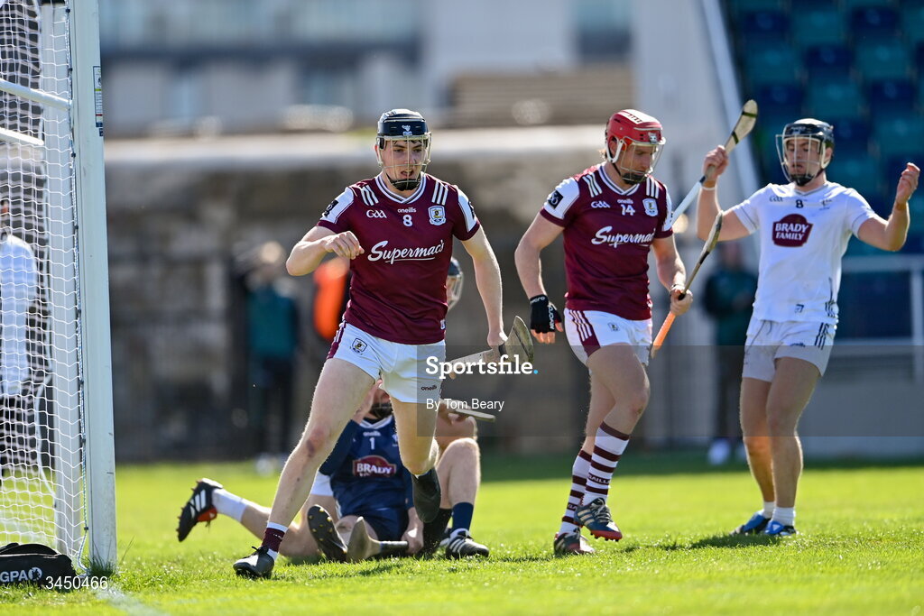 9 May 2026; Cian Daniels of Galway celebrates after scoring his side's third goal during the Leinster GAA Senior Hurling Championship round 3 match between Kildare and Galway at Cedral St Conleth's Park in Newbridge, Kildare. Photo by Tom Beary/Sportsfile