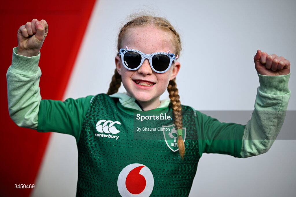 9 May 2026; Ireland supporter Zoey Filbey before the Women's 6 Nations Rugby Championship match between Ireland and Wales at Affidea Stadium in Belfast. Photo by Shauna Clinton/Sportsfile