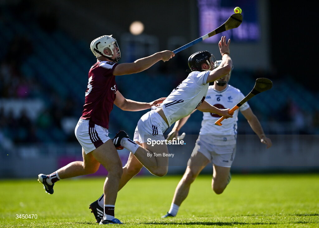 9 May 2026; Rian Boran of Kildare is tackled by Rory Burke of Galway during the Leinster GAA Senior Hurling Championship round 3 match between Kildare and Galway at Cedral St Conleth's Park in Newbridge, Kildare. Photo by Tom Beary/Sportsfile