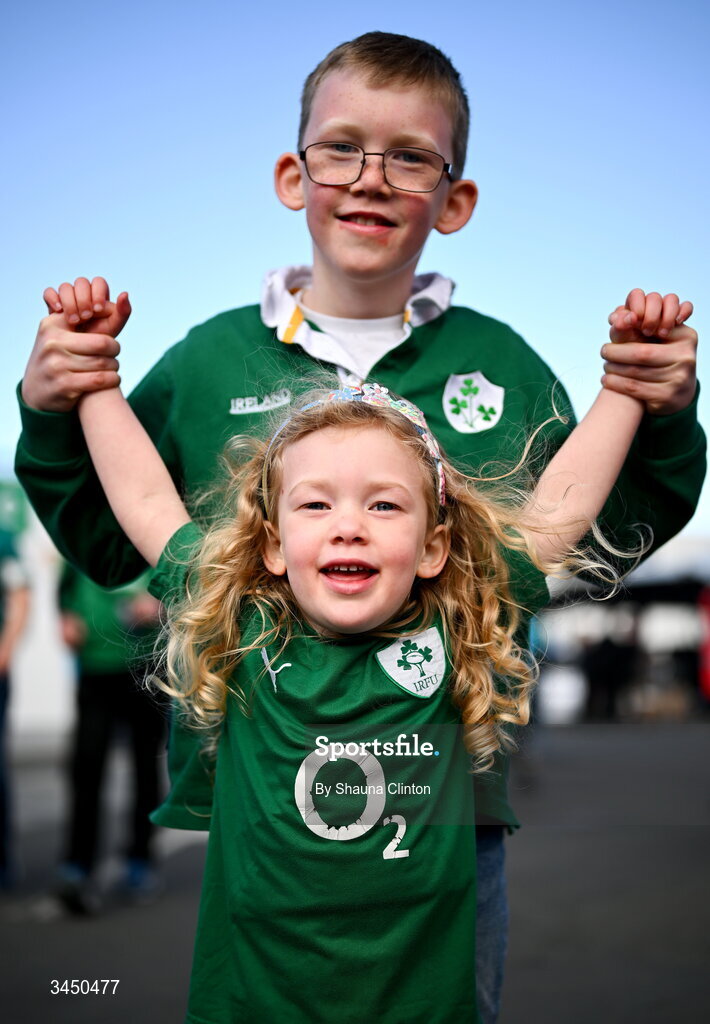 9 May 2026; Ireland supporters Noah and Hannah Blackburn before the Women's 6 Nations Rugby Championship match between Ireland and Wales at Affidea Stadium in Belfast. Photo by Shauna Clinton/Sportsfile