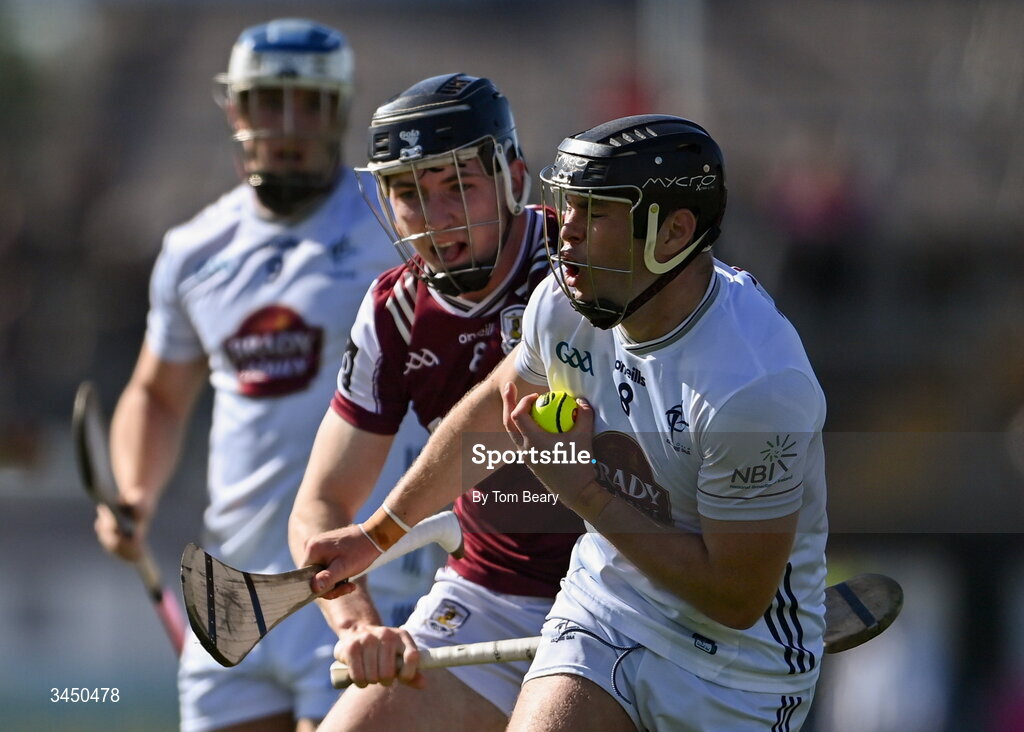 9 May 2026; Cathal McCabe of Kildare is fouled by Cian Daniels of Galway during the Leinster GAA Senior Hurling Championship round 3 match between Kildare and Galway at Cedral St Conleth's Park in Newbridge, Kildare. Photo by Tom Beary/Sportsfile