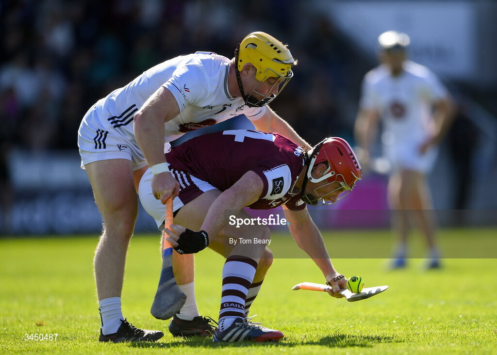 9 May 2026; Conor Whelan of Galway is tackled by Simon Leacy of Kildare during the Leinster GAA Senior Hurling Championship round 3 match between Kildare and Galway at Cedral St Conleth's Park in Newbridge, Kildare. Photo by Tom Beary/Sportsfile