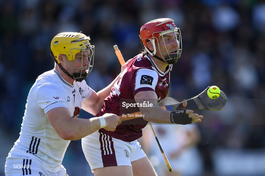 9 May 2026; Conor Whelan of Galway is tackled by Simon Leacy of Kildare during the Leinster GAA Senior Hurling Championship round 3 match between Kildare and Galway at Cedral St Conleth's Park in Newbridge, Kildare. Photo by Tom Beary/Sportsfile