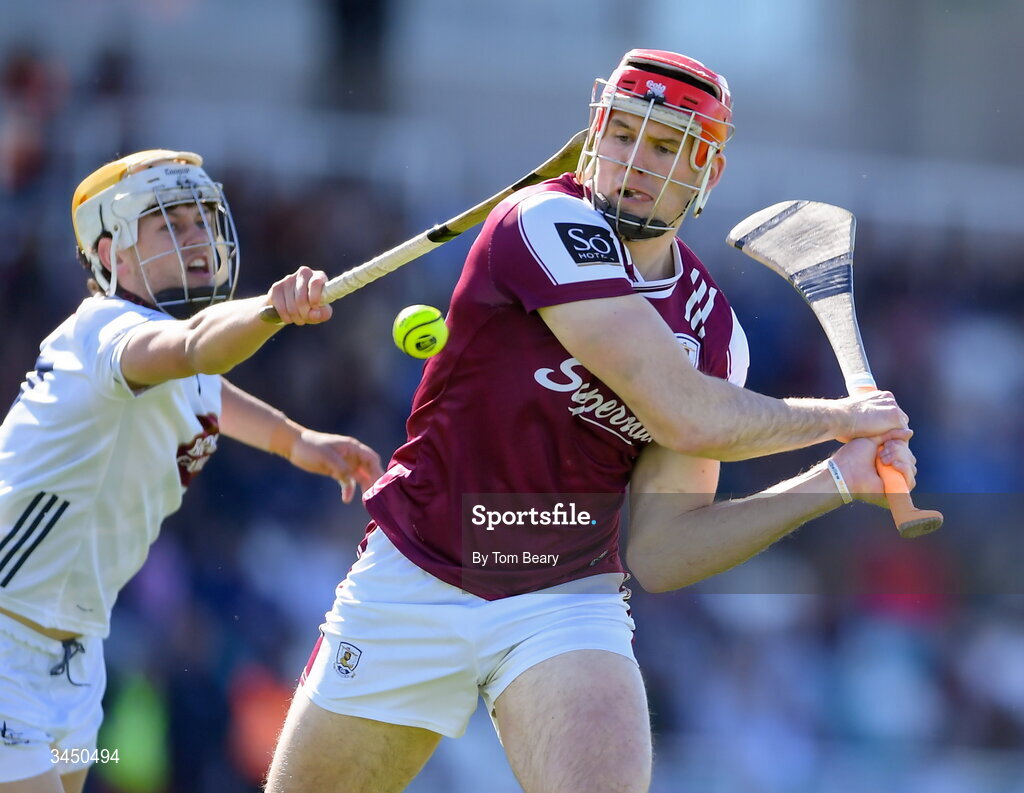 9 May 2026; Oisin Lohan of Galway in action against Evan O'Briain of Kildare during the Leinster GAA Senior Hurling Championship round 3 match between Kildare and Galway at Cedral St Conleth's Park in Newbridge, Kildare. Photo by Tom Beary/Sportsfile